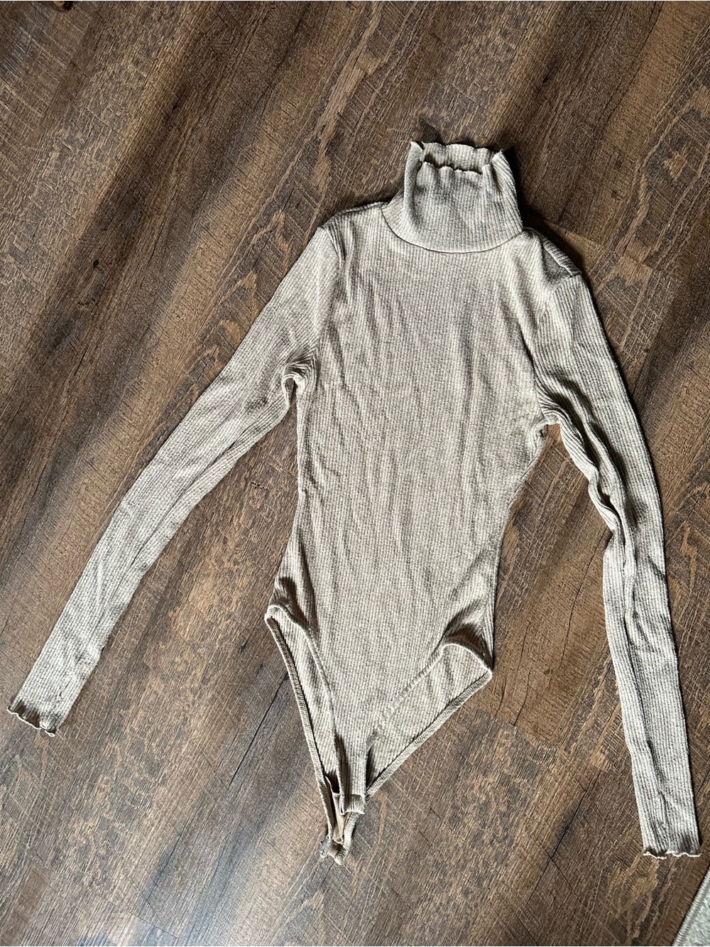 Free People Ribbed Turtleneck Long-Sleeve Bodysuit in Beige